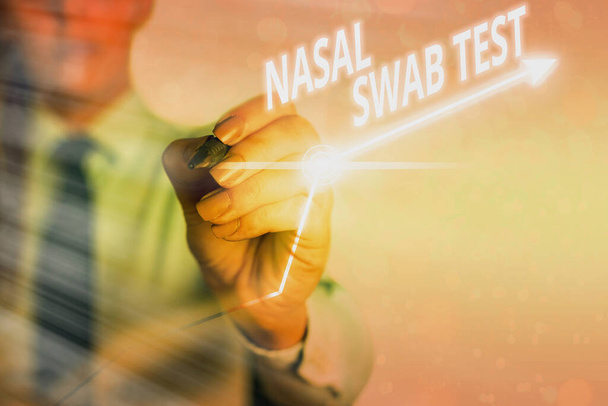 Word writing text Nasal Swab Test. Geschäftskonzept zur Diagnose einer Infektion der oberen Atemwege durch Nasensekret Pfeil-Symbol nach oben zeigt Punkte an, die signifikante - Foto, Bild