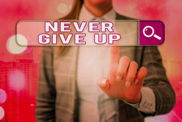 Conceptual hand writing showing Never Give Up. Business photo showcasing be persistent to keep on trying to improve the condition Web search digital futuristic technology network connection. - Photo, Image