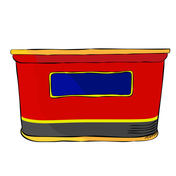 Rettangolo prospettiva angolo basso semplice vettore può rosso giallo e grigio disegno a mano schizzo di vista dall'alto chiuso scatola di manzo in scatola, isolato su bianco - Vettoriali, immagini