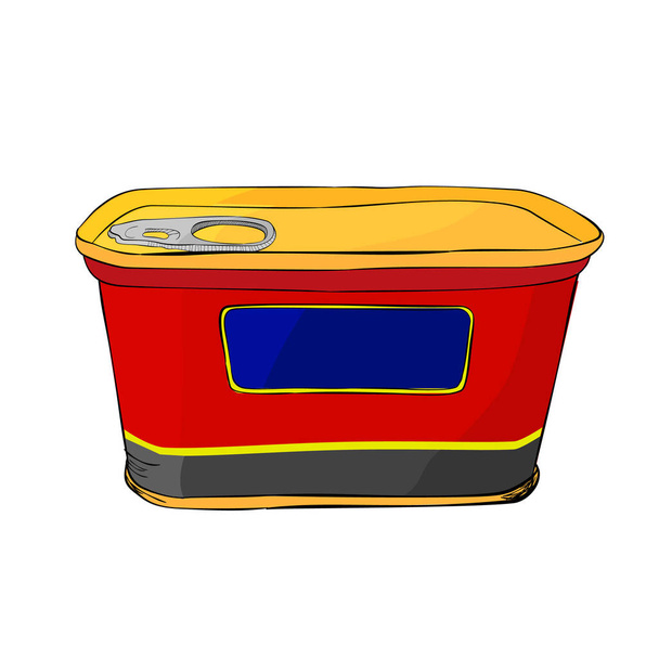 El rectángulo simple del vector puede dibujar a mano amarillo y gris rojo bosquejo de la lata cerrada vista superior de la carne en conserva, aislada en blanco
 - Vector, Imagen