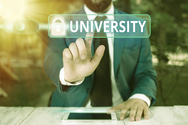 Writing note showing University. Business photo showcasing an educational institution designed to teach and investigate Graphics padlock for web data information security application system. - Photo, Image