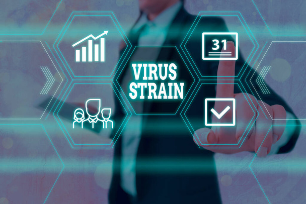 Text sign showing Virus Strain. Conceptual photo Another genetic variant derived from the original microorganism Grids and different set up of the icons latest digital technology concept. - Photo, Image
