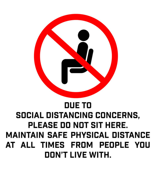 Nie siedź tu Signage dla restauracji i miejsc publicznych, aby zachęcić ludzi do praktykowania dystansu społecznego, aby dalej zapobiegać rozprzestrzenianiu się COVID-19, jak zasada blokowania łagodzi na całym świecie. - Wektor, obraz