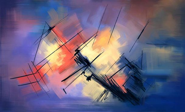 Kleurrijke abstracte acrylverf. Surrealistische muurdoek kunstwerk in eigentijdse stijl met zeilboot en zee. Moderne kunst, storm, turkoois, blauw en paars beroertes - Foto, afbeelding