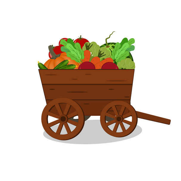 Holzwagen mit Gemüse und Obst, frischer Ernte, Farbvektorillustration auf weißem Hintergrund - Vektor, Bild