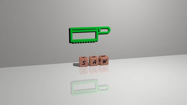 3D ilustracja grafiki SAW i tekst wykonany przez metaliczne litery kości dla powiązanych znaczeń koncepcji i prezentacji. konstrukcja i tło - Zdjęcie, obraz