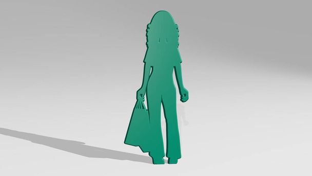Egy lány az árnyék szemszögéből. A vastag szobor készült fémes anyagok 3D-s renderelés. gyönyörű és háttér - Fotó, kép