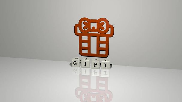 Ilustración 3D de gráficos GIFT y texto realizado por letras de dados metálicos para los significados relacionados con el concepto y las presentaciones. fondo y Navidad - Foto, Imagen