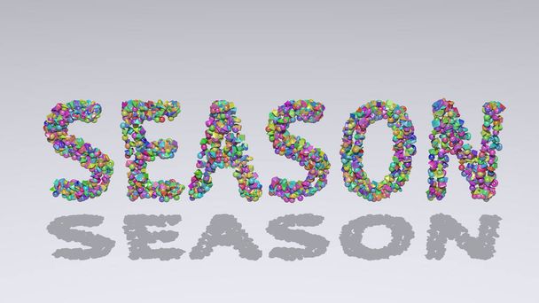 Kleurrijk 3D-schrijven van SEASON tekst met kleine objecten over een witte achtergrond en bijpassende schaduw. illustratie en herfst - Foto, afbeelding