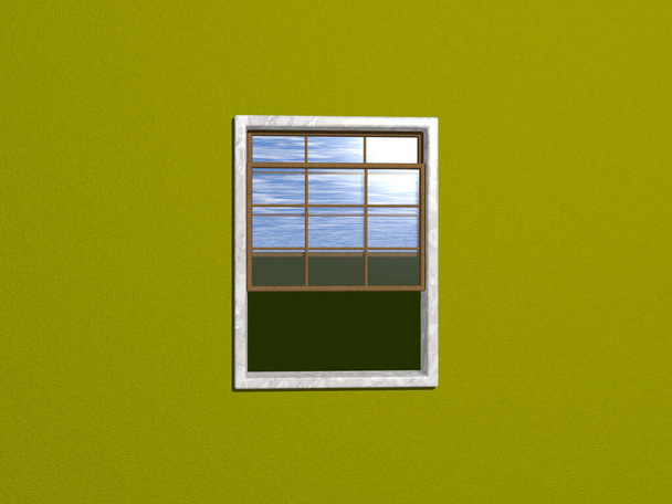 Otevřete okénko z okna na stěně OLIVE a prohlédněte si venkovní trávník se zataženou oblohou. sone rám a dřevěné okno 3D vykreslování. pozadí a olej - Fotografie, Obrázek