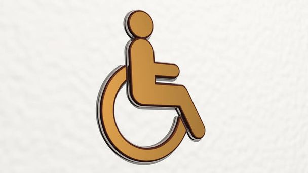 DISABLED SYMBOL OF WHEELCHAIR made by 3D illustration of a shiny metallic sculpture on a wall with light background. disability and care - Photo, Image