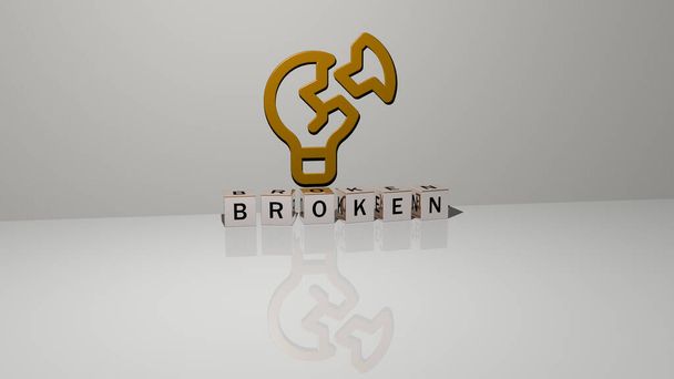 3D-Grafik von BROKEN vertikal mit Text aus metallischen kubischen Buchstaben aus der Oberperspektive, hervorragend für die Konzeptpräsentation und Diashows. Hintergrund und Illustration - Foto, Bild
