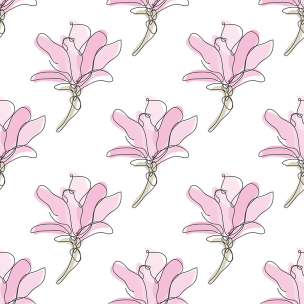 Elegant seamless pattern with magnolia flowers, design elements. Floral  pattern for invitations, cards, print, gift wrap, manufacturing, textile, fabric, wallpapers. Continuous line art style - Διάνυσμα, εικόνα