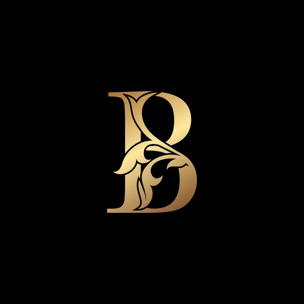 Golden Luxury Letter B Initial Logo Icon Template Design. Monogramm kunstvolle Natur Blumenblatt mit Anfangsbuchstaben Goldfarbe für Luxus Business Identity. - Vektor, Bild