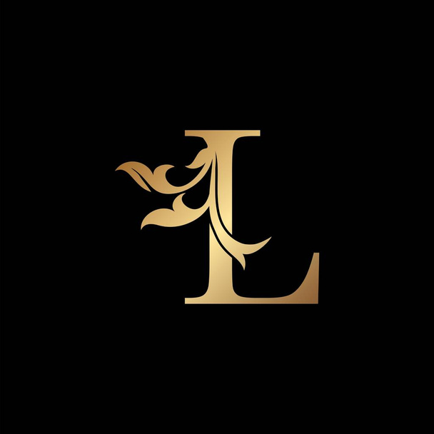 Golden Luxury Letter L Начальный дизайн логотипа иконки. Монограмма из натурального цветочного листа с начальной буквой золотого цвета для предметов роскоши
. - Вектор,изображение