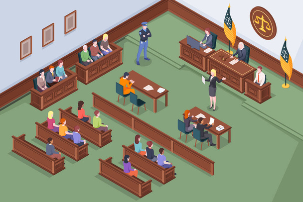 Court process courtroom hearing, judge, isometric - Vector, Image