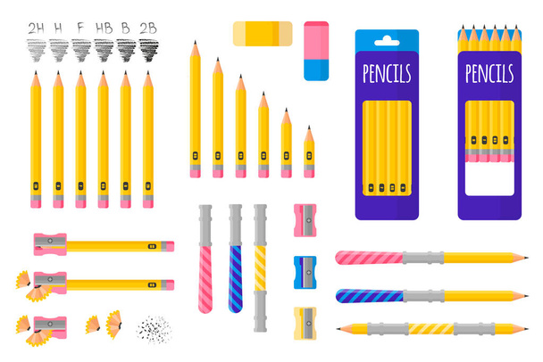 Set of vector cartoon illustrations with simple pencils, pencil sharpener and eraser on white background. Back to school. - Vector, Image