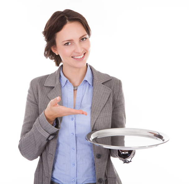 Businesswoman Holding Empty Plate - Foto, Imagen