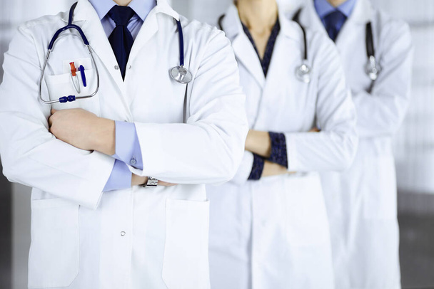 Group of modern doctors standing as a team with crossed arms and stethoscopes in hospital office. Physicians ready to examine and help patients. Medical help, insurance in health care, best desease - 写真・画像