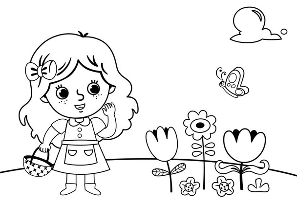 Zbarvení stránky v zahradě koncept s malou holčičkou. Vektorová ilustrace. - Vektor, obrázek