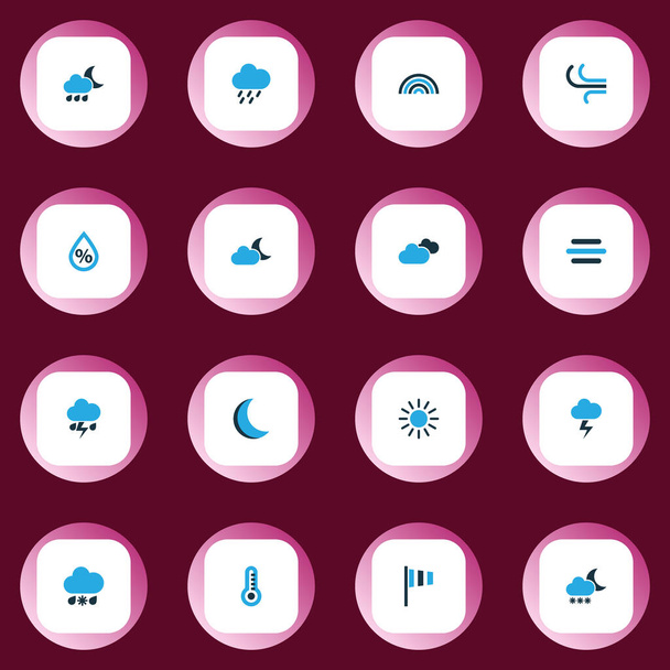 Weather icons colored set with breeze, rainstorm, snowy raining and other rainstorm elements. Isolated vector illustration weather icons. - Vector, Image