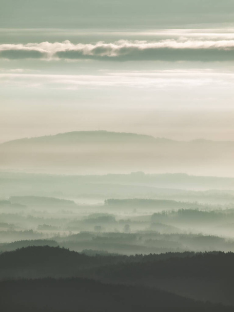 Blauwe herfst mist bedek landschap voor de zon verschijnen. Kleurrijk bergwoud top zicht vanuit de lucht. - Foto, afbeelding