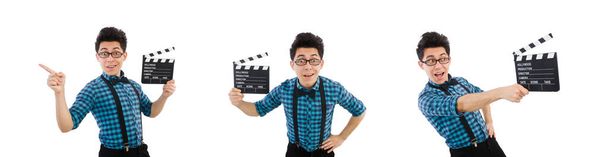 Man met film clapperboard geïsoleerd op wit - Foto, afbeelding