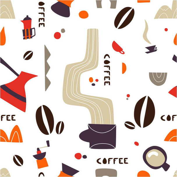 Kaffeemuster mit Doodle-Teekannen und -Tassen. Nahtlose Textur für die Menügestaltung. Nahtloses Vektormuster - Vektor, Bild