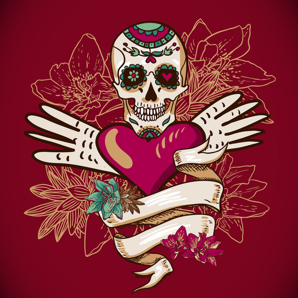 Skull, Hearts and Flowers Vector Illustration - Vektori, kuva