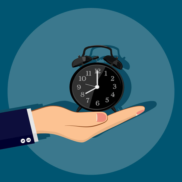 Hand holding black alarm clock showing on blue background. deadline symbol. Vector illustration eps - Vector, Image