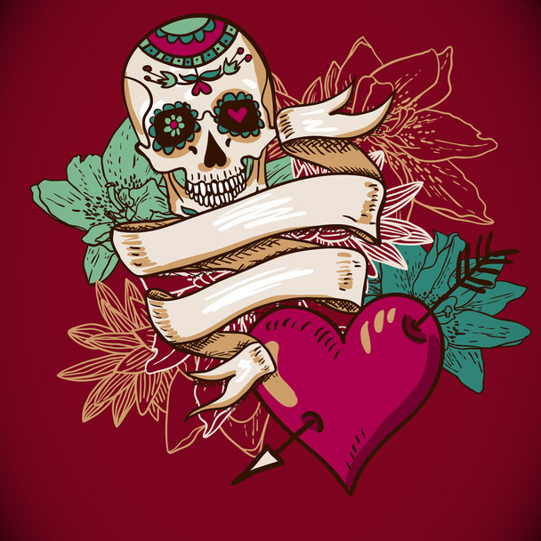 Totenkopf, Herzen und Blumen Vektor Illustration - Vektor, Bild