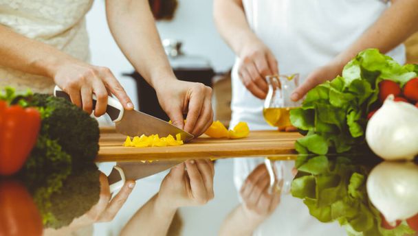 Closeup of human hands cooking in kitchen. Mother and daughter or two female friends cutting vegetables for fresh salad. Friendship, family dinner and lifestyle concepts - Zdjęcie, obraz
