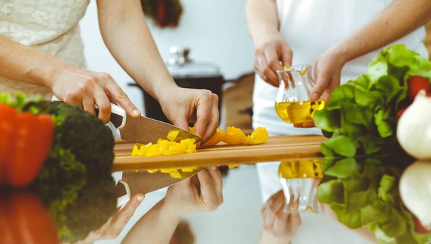 Closeup of human hands cooking in kitchen. Mother and daughter or two female friends cutting vegetables for fresh salad. Friendship, family dinner and lifestyle concepts - Foto, immagini