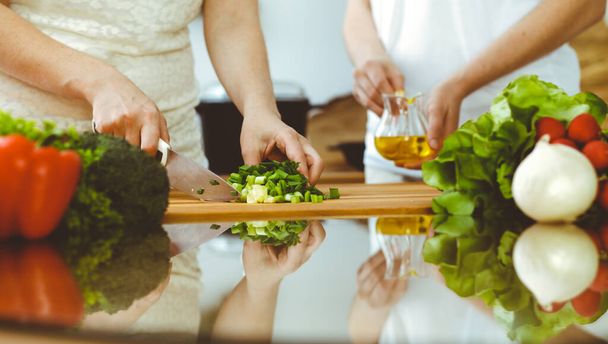 Closeup of human hands cooking in kitchen. Mother and daughter or two female friends cutting vegetables for fresh salad. Friendship, family dinner and lifestyle concepts - Fotoğraf, Görsel