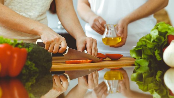 Closeup of human hands cooking in kitchen. Mother and daughter or two female friends cutting vegetables for fresh salad. Friendship, family dinner and lifestyle concepts - Foto, Imagen