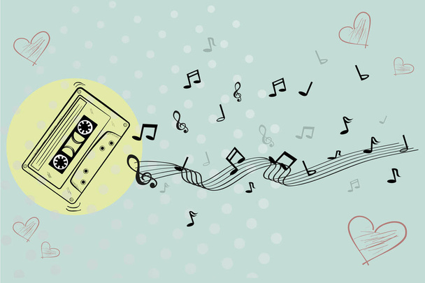 vector simple sketch of classic audio cassette, crumpled tape, love song,note, music - Vector, Image