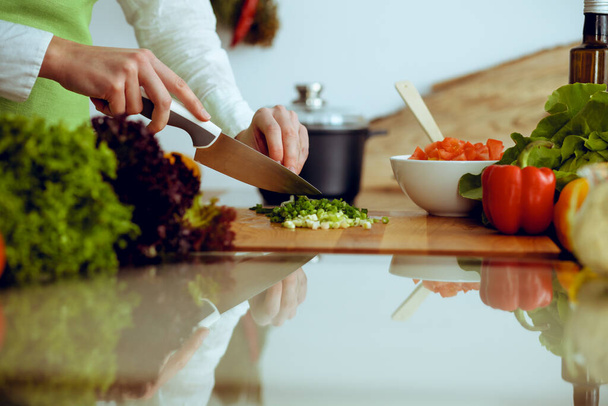 Unknown human hands cooking in kitchen. Woman slicing green onion. Healthy meal, and vegetarian food concept - Photo, image