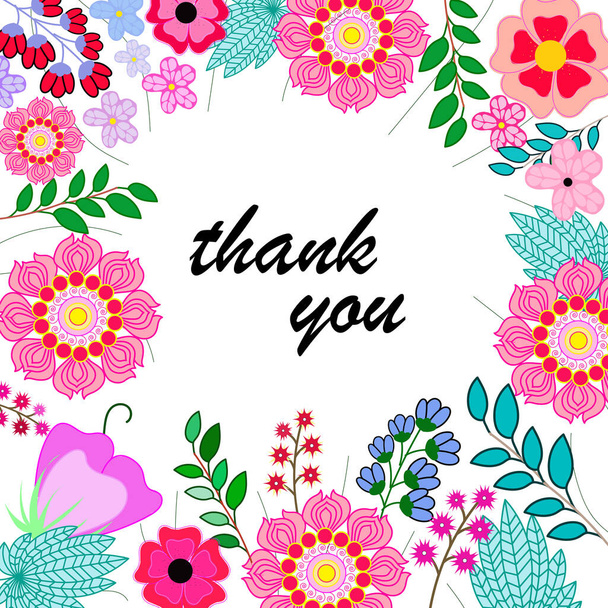 Thank you postcard. Frame of flowers around the text. Thanksgiving card, mom, sister, teacher, doctor, daughter, girlfriend. Template for wedding, birthday invitations. - Wektor, obraz