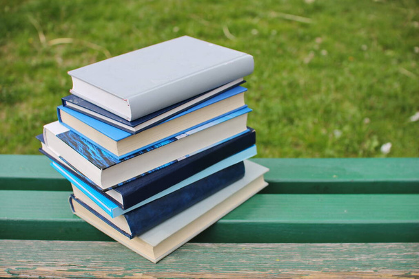 Stack of books on the bench at the school park - Photo, Image