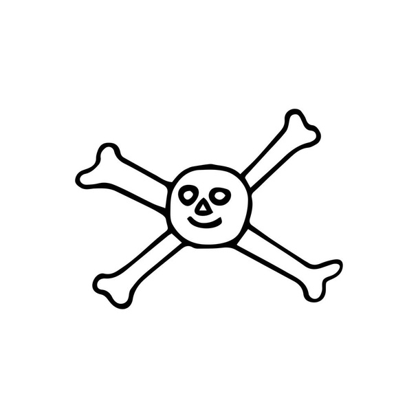 Αστείο καρτούν Jolly Roger λεπτή γραμμή εικονίδιο. Προειδοποίηση θανάτου, σύμβολο κρανίου και διασταυρωμένων οστών, εικονογράφημα περίγραμμα στυλ σε λευκό φόντο. Για mobile concept και web design. Διανυσματικά γραφικά - Διάνυσμα, εικόνα