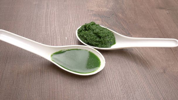Medicinal Ayurvedic Azadirachta indica or Neem leaves with pestle with neem paste, juice and twigs. - 写真・画像