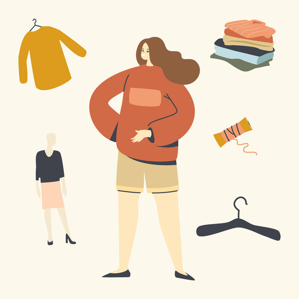 Youth Fashion, Urban Lifestyle Concept. Teen Girl Wearing Oversize Clothes. Young Female Character Wearing Fashioned Large Sweater and Shorts. Teenager, Student Woman. Linear Vector Illustration - Vector, Image