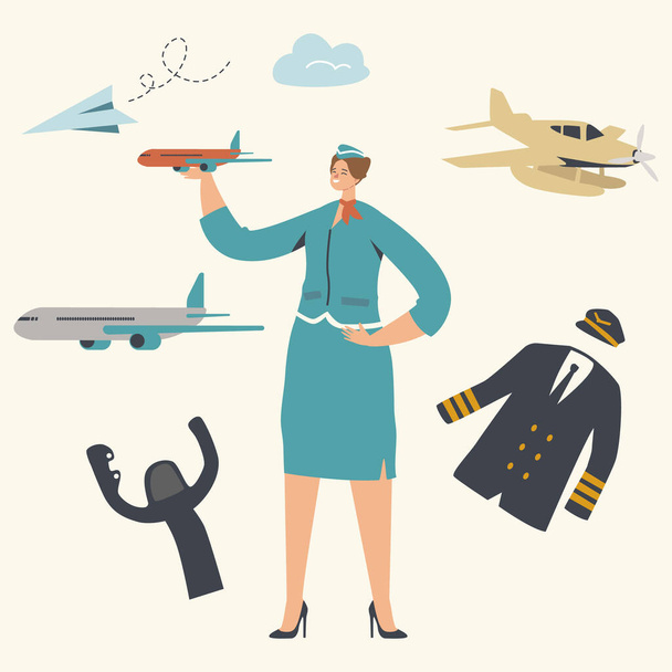 Стюардесса персонаж носить униформу холдинга модель самолета в руке. Служба авиаперевозок, экипаж самолетов, профессия стюардессы, история и развитие воздушных судов. Линейный вектор
 - Вектор,изображение