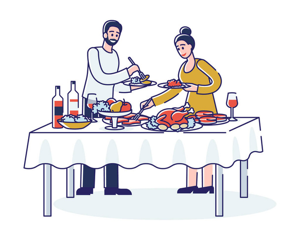Люди на вечері. Персонажі обідають, приймають їжу під час бенкету, урочистої події або вечірки
 - Вектор, зображення