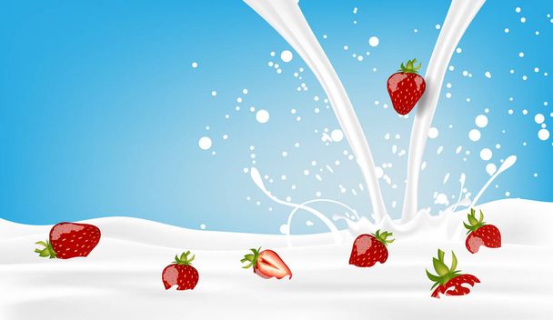 Erdbeere mit eingießender Milch auf blauem Hintergrund - Vektor, Bild