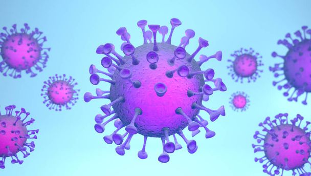 Corona virus COVID-19 virus SARS-CoV-2 koncept - Koronavirus chřipka pozadí jako nebezpečný chřipka kmen případy jako pandemické zdravotní riziko Mikroskop virus close up - 3D vykreslování - Fotografie, Obrázek