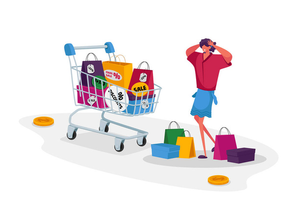 Young Woman Shopaholic with Many Shopping Bags. Character with Empty Pockets Holding Head Frustrated about Making Lot of Useless Purchases in Mall. Girl Shopper in Store. Cartoon Vector Illustration - Vector, Image