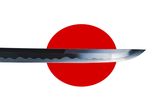 katana lub japoński miecz na tle japońskiej flagi - Zdjęcie, obraz