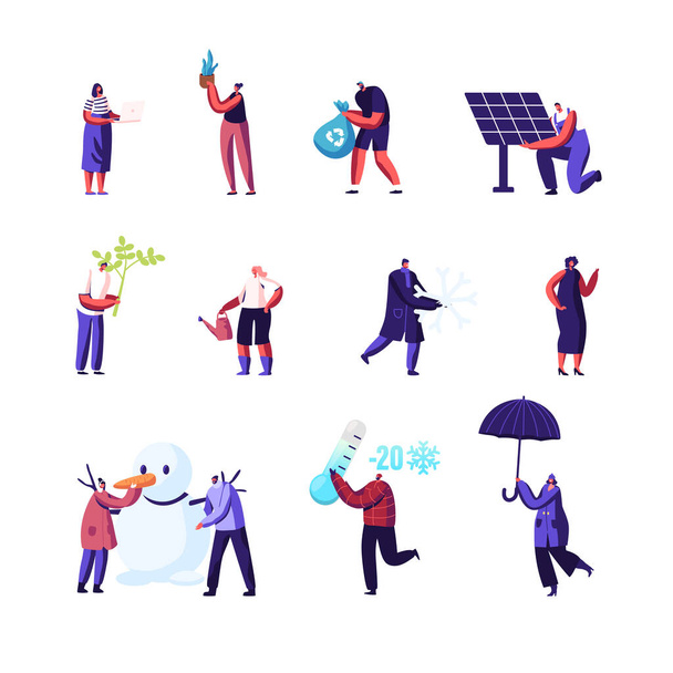 Set of Tiny Male and Female Characters Use Green Energy and Collecting Garbage for Recycling. People with Huge Thermometer, Umbrella and Snowman, Solar Panel, Plants. Cartoon Vector Illustration - Vector, Image