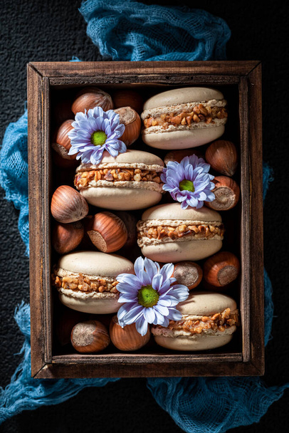 Yummy hazelnut macaroons as a sweet small snack - 写真・画像